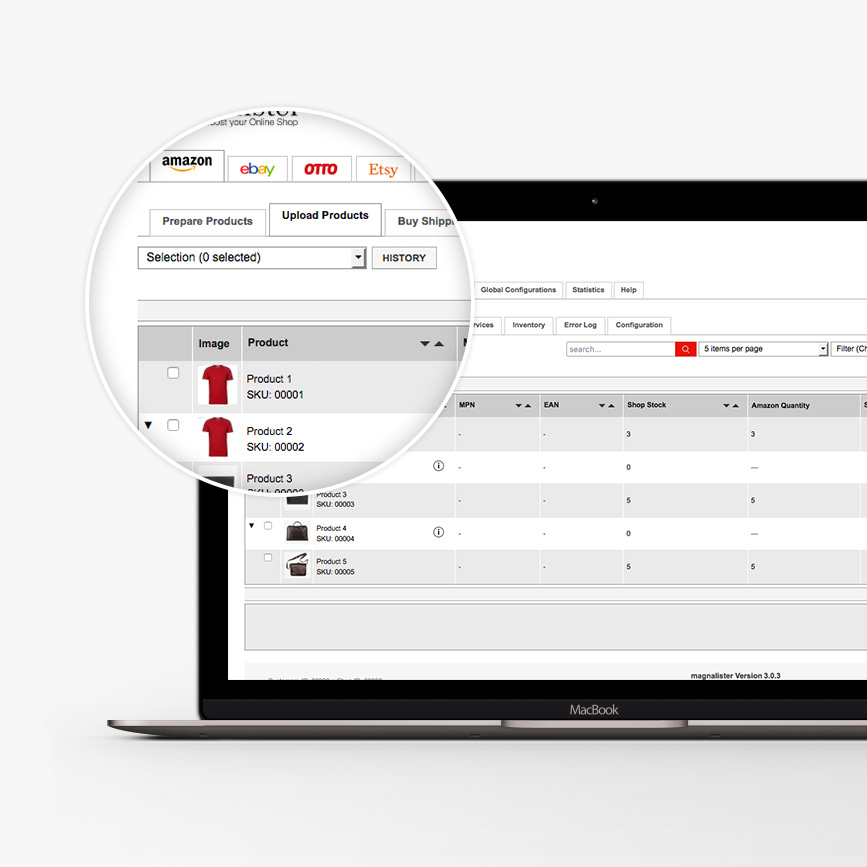 With the magnalister shop interface, you can upload your products to Amazon, eBay, Etsy, Rakuten, Kaufland and many other marketplaces with just a few clicks.