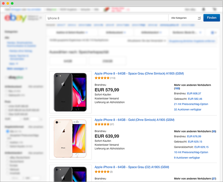 Abbildung 2.1: Die Suchergebnisse für das Produkt „iPhone 8“ nach Inkrafttreten der produktbasierten Kauferfahrung: Deutlich übersichtlichere Darstellung für den Käufer. Darüber hinaus reduzieren sich die Suchergebnisseiten. 