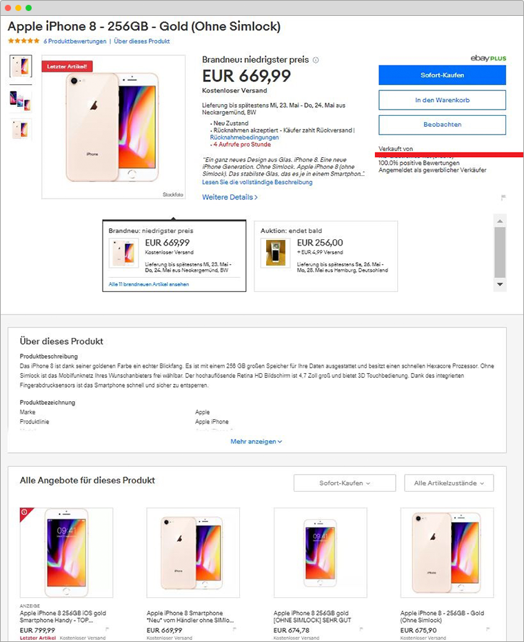 Abbildung 3: Die neue Darstellung der eBay Artikelseite nach Einführung der produktbasierten Kauferfahrung: Hinweis auf vergleichbare Angebote und einheitliche Produktbeschreibungsbox. (Quelle: eBay)