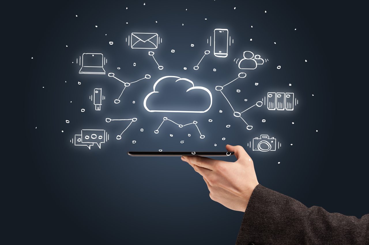 Online store with PrestaShop Hand holding a tablet with connected e-commerce icons