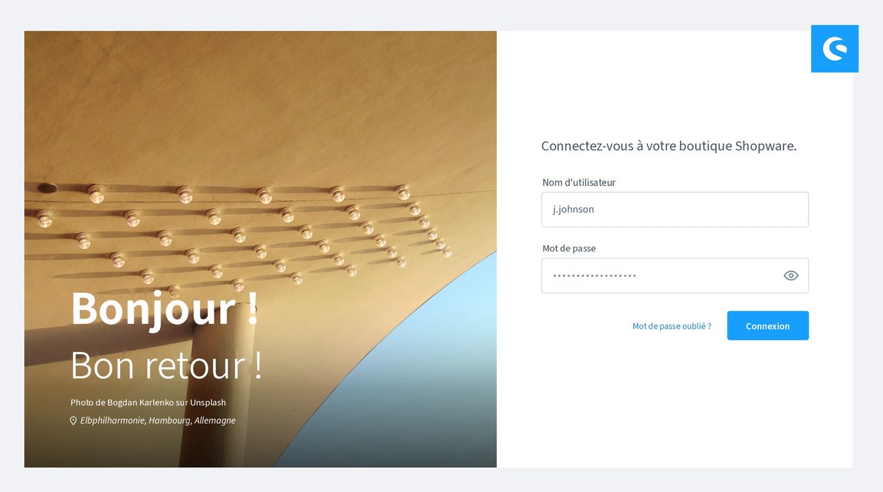 Boutique en ligne avec Shopware Écran de connexion de l'administration Shopware 6