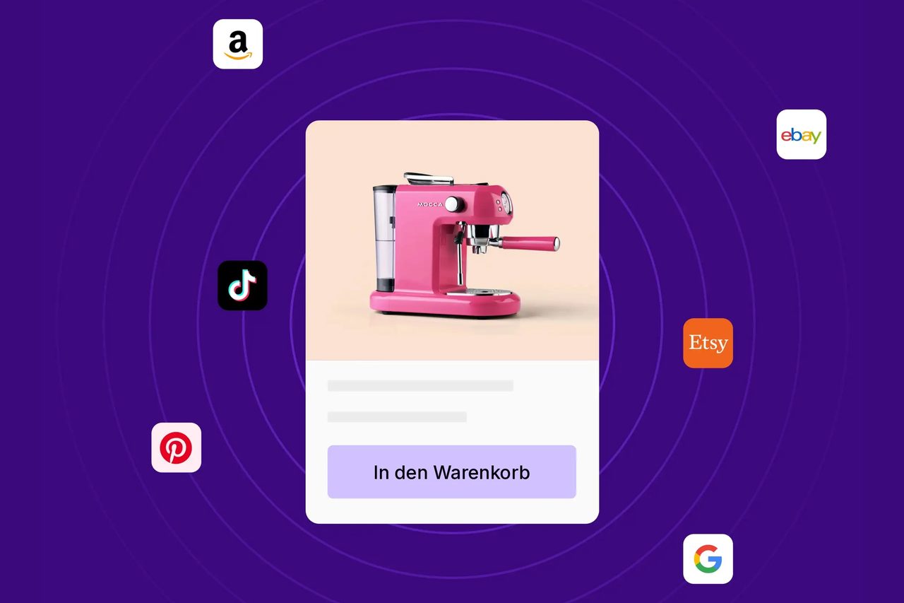 Online-Shop mit WooCommerce Produktkarte eines WooCommerce-Shops mit Symbolen von Amazon, eBay, Etsy und weiteren Kanälen